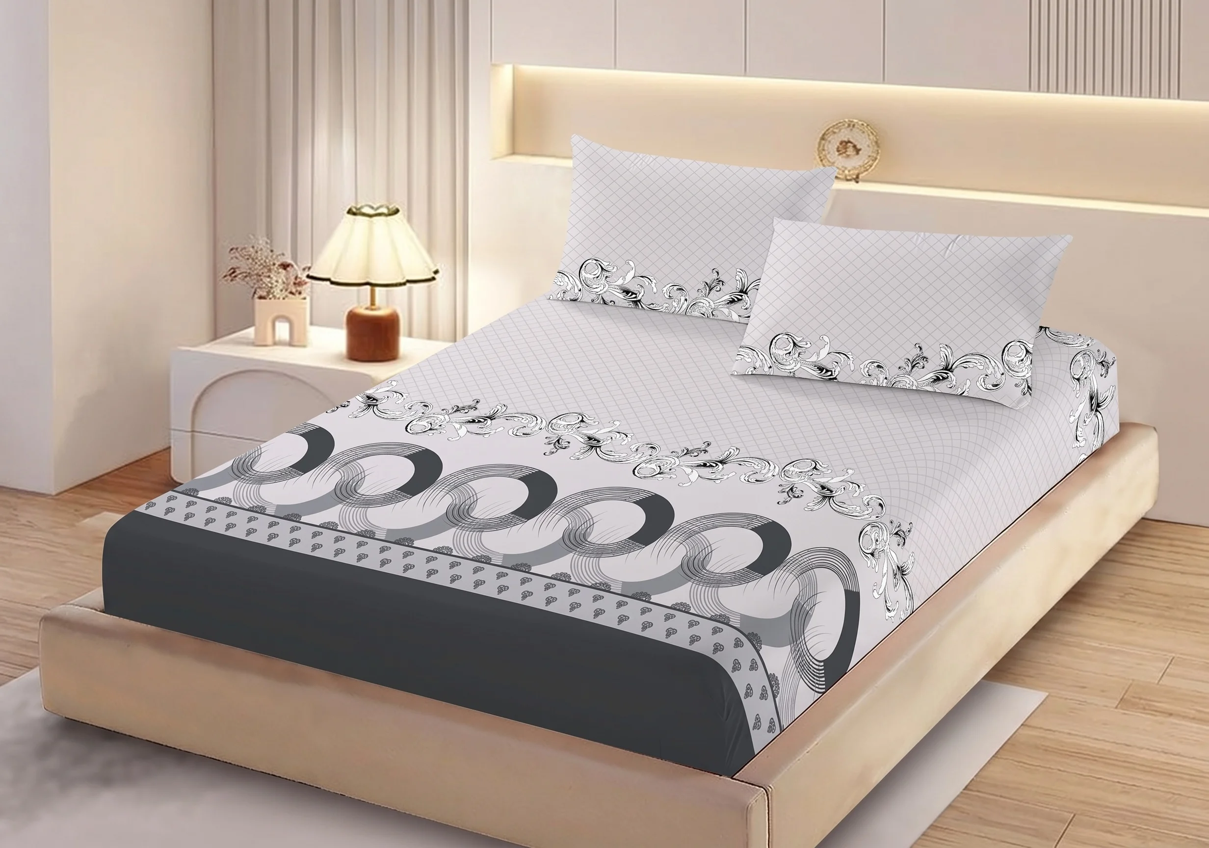 Huse de pat - Husa de pat finet gri cu model geometric modern + 2 fete perna cu elastic 160x200