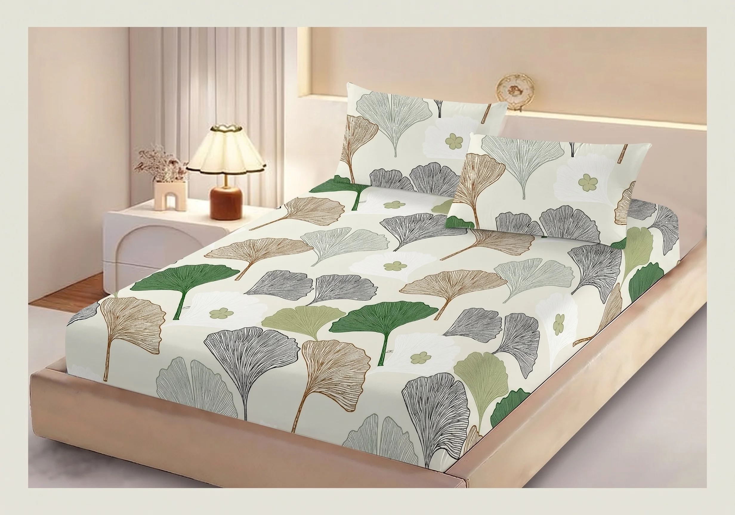 Huse de pat - Husa de pat finet alba cu frunze verzi si gri + 2 fete perna cu elastic 160x200