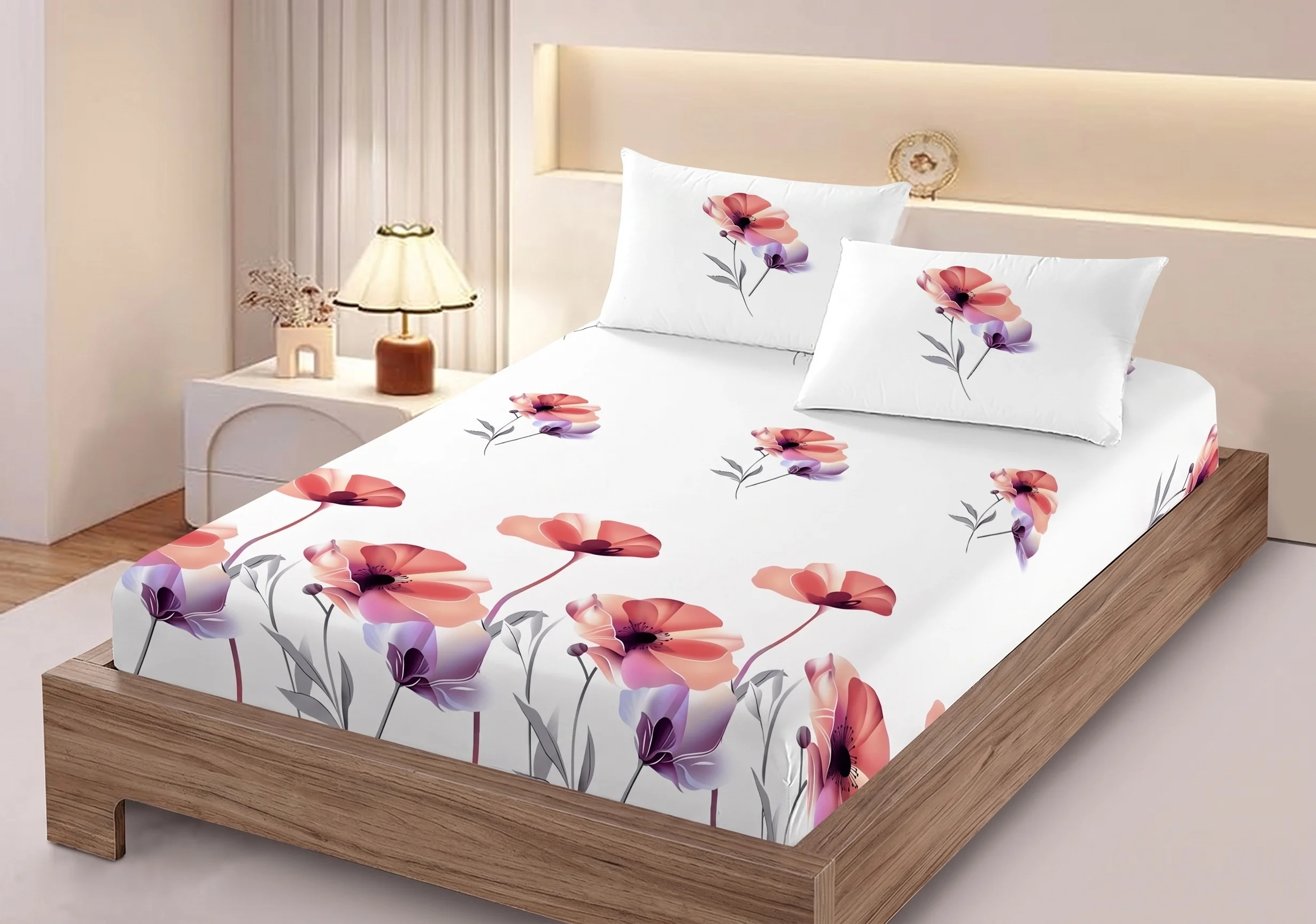 Huse de pat - Husa de pat finet alba cu maci rosii si mov + 2 fete perna cu elastic 160x200