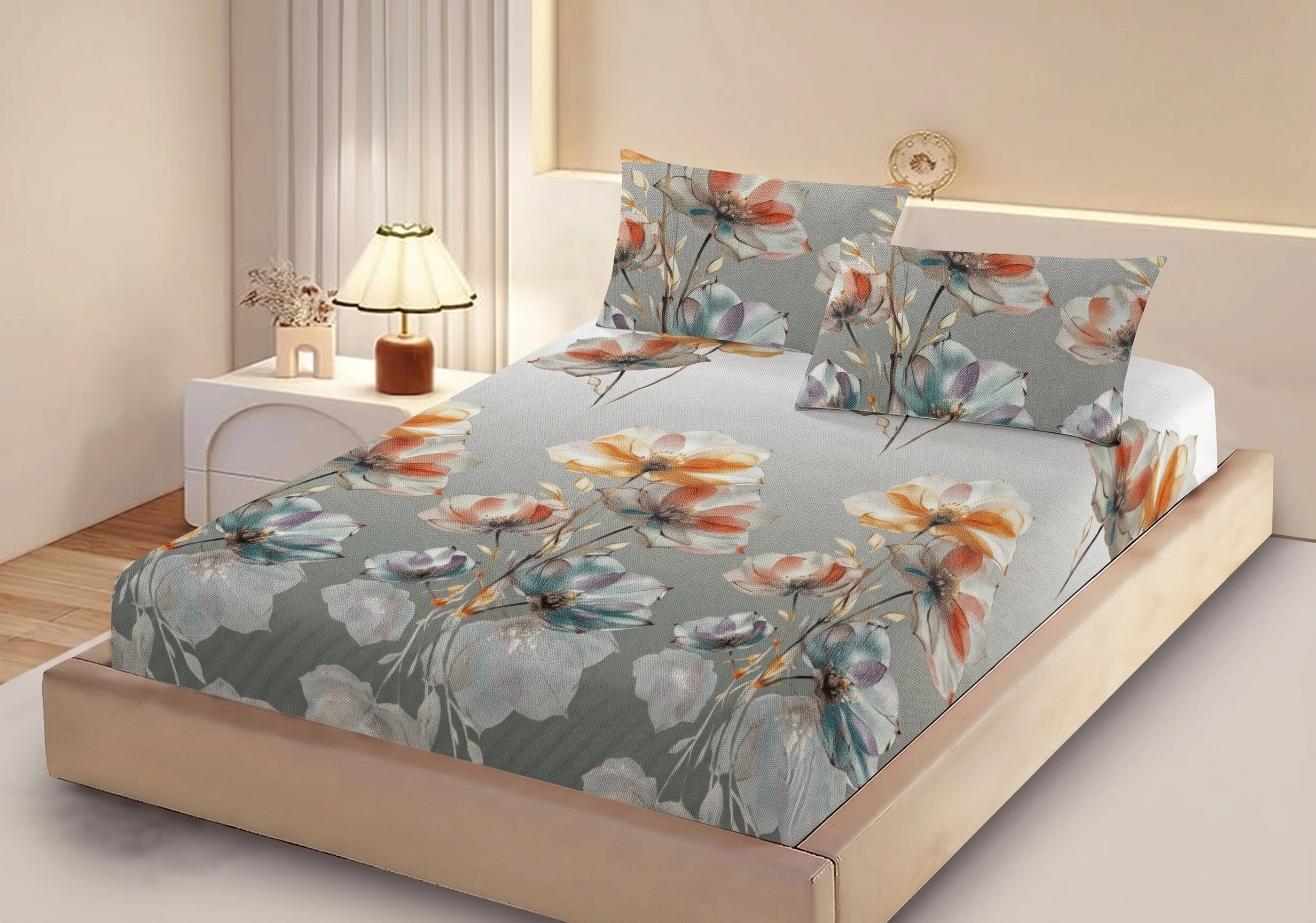 Huse de pat - Husa de pat finet gri vernil cu flori portocalii si albastre + 2 fete perna cu elastic 160x200