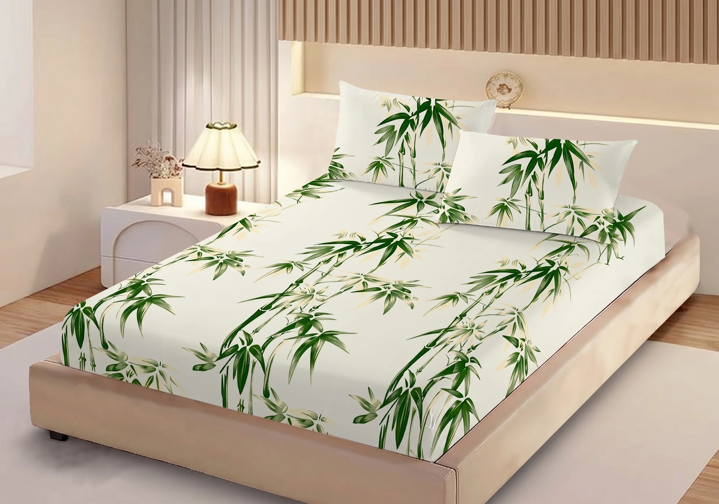 Huse de pat - Husa de pat finet alba cu imprimeu bambus verde + 2 fete perna cu elastic 160x200