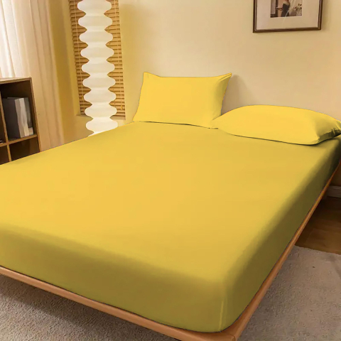 Huse de pat - Husa de pat jersey galben mustar din bumbac 100% cu elastic + 2 fete de perna incluse
