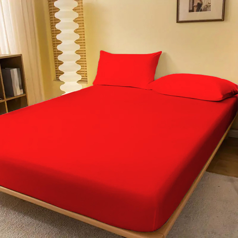 Huse de pat - Husa de pat jersey rosu cardinal din bumbac 100% cu elastic + 2 fete de perna incluse