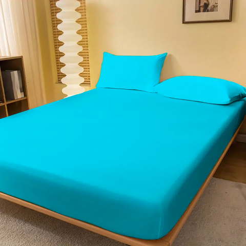 Huse de pat - Husa de pat jersey turcoaz intens din bumbac 100% cu elastic + 2 fete de perna incluse