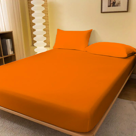 Huse de pat - Husa de pat jersey portocaliu intens din bumbac 100% cu elastic + 2 fete de perna incluse