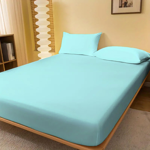 Huse de pat - Husa de pat jersey albastru aqua din bumbac 100% cu elastic + 2 fete de perna incluse