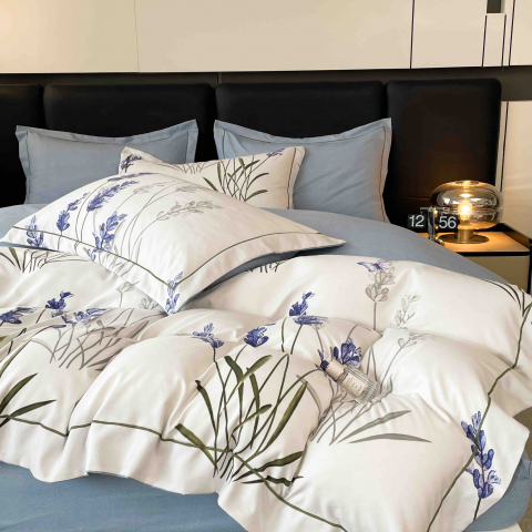 Lenjerie de lux pentru pat dublu,bumbac finet,6 piese,cearceaf cu elastic,alba/lila,imprimeu cu flori-A1004 [4]