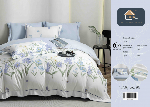 Lenjerie de lux pentru pat dublu,bumbac finet,6 piese,cearceaf cu elastic,alba/lila,imprimeu cu flori albastre-A1006 [1]