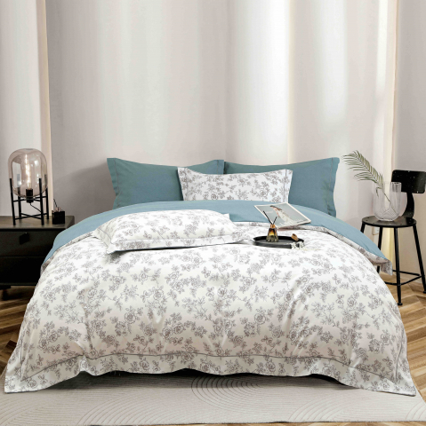 Lenjerii de pat bumbac - Lenjerie de lux pentru pat dublu,bumbac finet,6 piese,cearceaf cu elastic,alba/verde cu floricele-A994