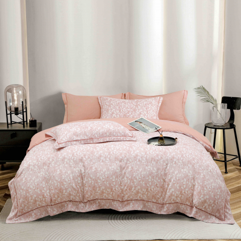 Lenjerii de pat bumbac - Lenjerie de lux pentru pat dublu,bumbac finet,6 piese,cearceaf cu elastic,roz cu frunze-A992