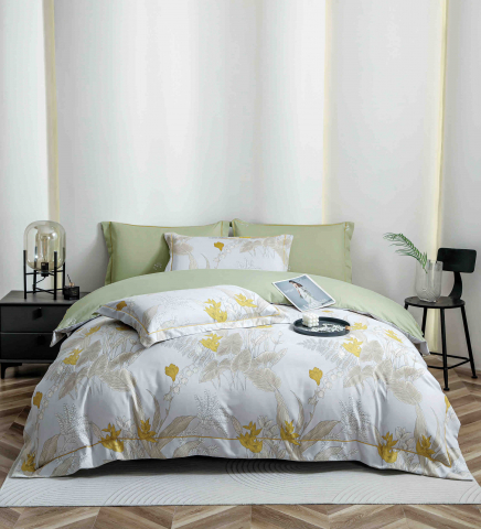Lenjerii de pat bumbac - Lenjerie de lux pentru pat dublu,bumbac finet,6 piese,cearceaf cu elastic,alba/verde imprimeu cu flori-A1005