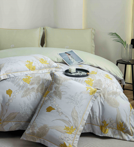 Lenjerie de lux pentru pat dublu,bumbac finet,6 piese,cearceaf cu elastic,alba/verde imprimeu cu flori-A1005 [2]