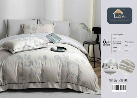Lenjerie de lux pentru pat dublu,bumbac finet,6 piese,cearceaf cu elastic,gri,imprimeu cu flori-A1007 [1]