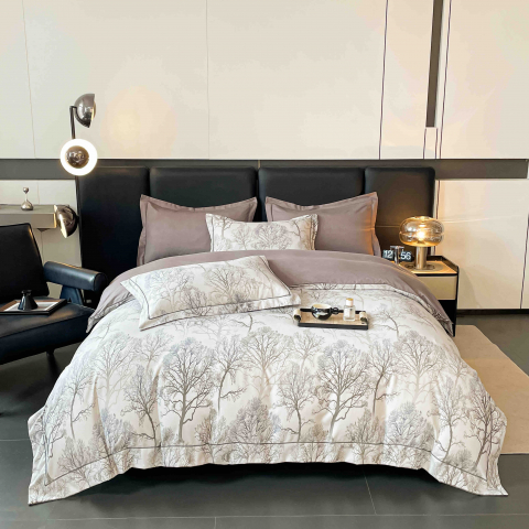 Lenjerii de pat 140x200cm - Lenjerie de lux pentru pat dublu,bumbac finet,6 piese,cearceaf cu elastic,alba/bej,imprimeu cu pomi-A1001