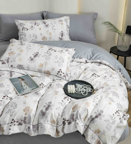Lenjerie de lux pentru pat dublu,bumbac finet,6 piese,cearceaf cu elastic,alba/mov,cu floricele-A1009 [4]
