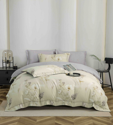 Lenjerii de pat bumbac - Lenjerie de lux pentru pat dublu,bumbac finet,6 piese,cearceaf cu elastic,crem/mov,cu flori-A1010