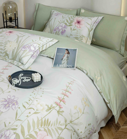 Lenjerie de lux pentru pat dublu,bumbac finet,6 piese,cearceaf cu elastic,alba/verde deschis,cu flori-A1015 [3]