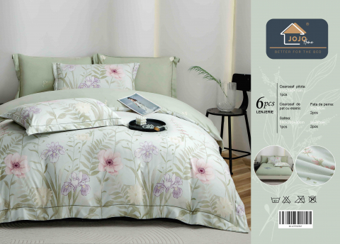 Lenjerie de lux pentru pat dublu,bumbac finet,6 piese,cearceaf cu elastic,alba/verde deschis,cu flori-A1015 [1]