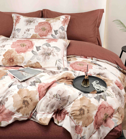 Lenjerie de lux pentru pat dublu,bumbac finet,6 piese,cearceaf cu elastic,alba/maro cu floricele-A993 [5]