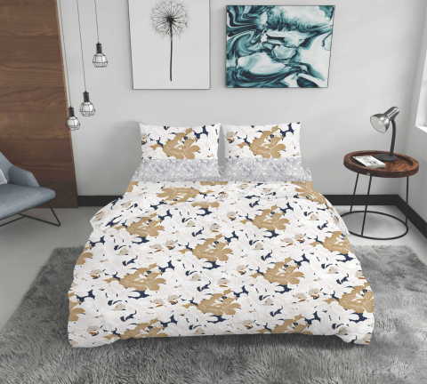Lenjerii de pat 200x200cm - Lenjerie de pat ranforce Clasy King size, 4 piese, 100% bumbac ranforce, alb, imprimeu floral bej, ALC3