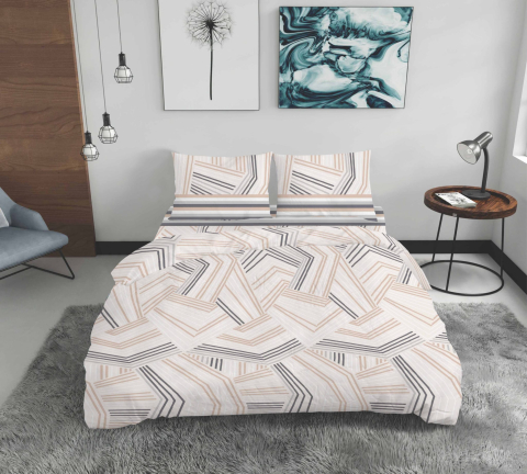 Lenjerii de pat geometrice - Lenjerie de pat ranforce Clasy King size, 4 piese, 100% bumbac ranforce, crem, imprimeu geometric, ALC4