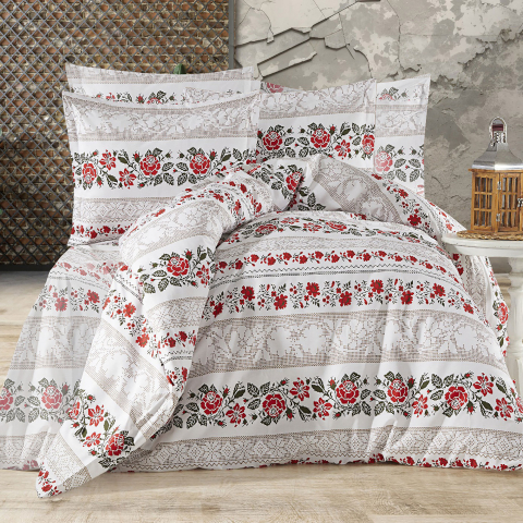 Lenjerii de pat traditionale - Lenjerie de pat ranforce Clasy King size, 4 piese, 100% bumbac ranforce, alb, imprimeu traditional floral rosu, ARHAIC1