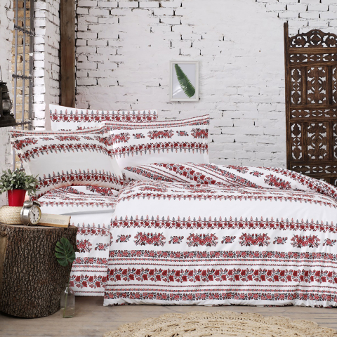 Lenjerii de pat traditionale - Lenjerie de pat ranforce Clasy King size, 4 piese, 100% bumbac ranforce, alb, imprimeu traditional floral rosu, ARHAIC2