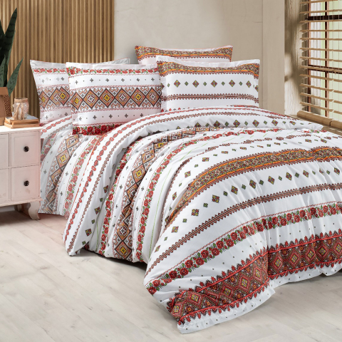 Lenjerii de pat traditionale - Lenjerie de pat ranforce Clasy King size, 4 piese, 100% bumbac ranforce, alb, imprimeu traditional cu motive geometrice si florale, ARHAIC4