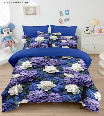 Lenjerii de pat - Lenjerie de pat 5D,pat dublu,bumbac finet,6 piese, imprimeu flori tricotate mov si albe,-A1280