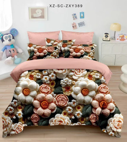 Lenjerii de pat bumbac finet - Lenjerie de pat 5D,pat dublu,bumbac finet,6 piese, imprimeu flori tricotate in nuante calde-A1278