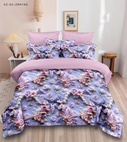 Lenjerii de pat - Lenjerie de pat 5D,pat dublu,bumbac finet,6 piese, imprimeu floral mov-lila cu trandafiri si dantela-A1275