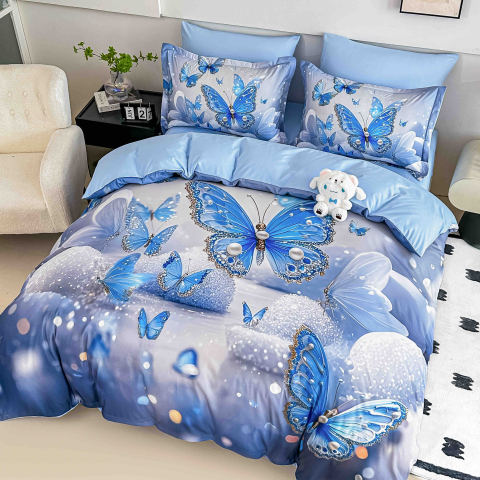 Lenjerie de pat cu elastic,pat dublu,bumbac finet,6 piese, imprimeu 5D imprimeu fluturi albastri-A1223 [1]
