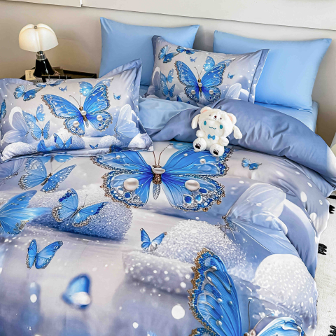 Lenjerie de pat cu elastic,pat dublu,bumbac finet,6 piese, imprimeu 5D imprimeu fluturi albastri-A1223 [2]