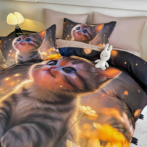 Lenjerie de pat cu elastic,pat dublu,bumbac finet,6 piese, imprimeu 5D imprimeu pisicuta in lumina aurie-A1228 [2]