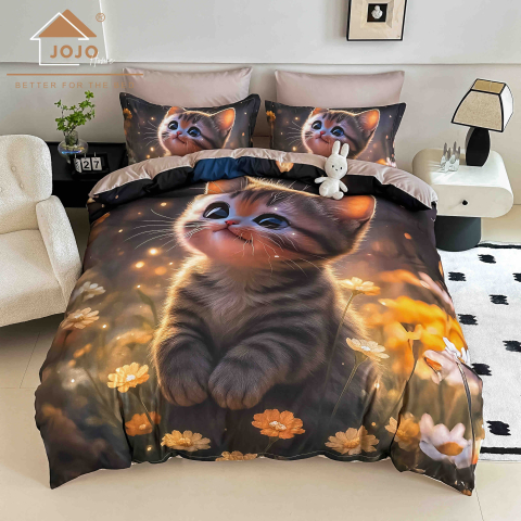 Lenjerii de pat bumbac finet - Lenjerie de pat cu elastic,pat dublu,bumbac finet,6 piese, imprimeu 5D imprimeu pisicuta in lumina aurie-A1228