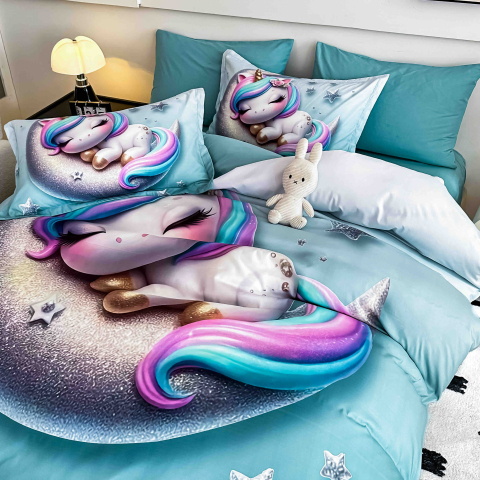 Lenjerie de pat cu elastic,pat dublu,bumbac finet,6 piese, imprimeu 5D imprimeu unicorn pastel pe luna-A1232 [2]