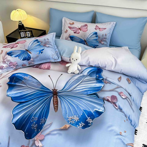 Lenjerie de pat cu elastic,pat dublu,bumbac finet,6 piese, imprimeu 5D imprimeu fluturi albaștri și roz-A1234 [1]