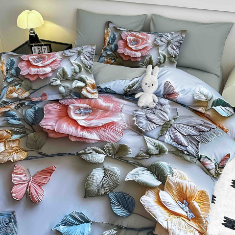 Lenjerie de pat cu elastic,pat dublu,bumbac finet,6 piese, imprimeu 5D imprimeu flori mari și fluturi pastel-A1235 [2]