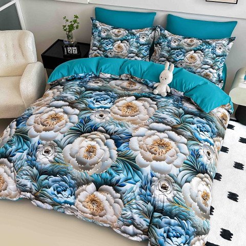 Lenjerie de pat cu elastic,pat dublu,bumbac finet,6 piese, imprimeu 5D imprimeu flori mari albastre si bej-A1231 [1]