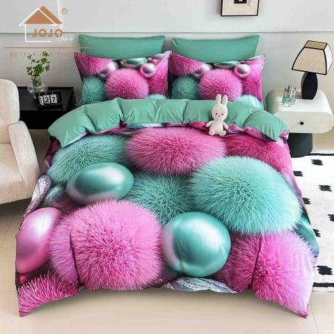 Lenjerii de pat bumbac finet - Lenjerie de pat cu elastic,pat dublu,bumbac finet,6 piese, imprimeu 5D imprimeu sfere puf colorate-A1229