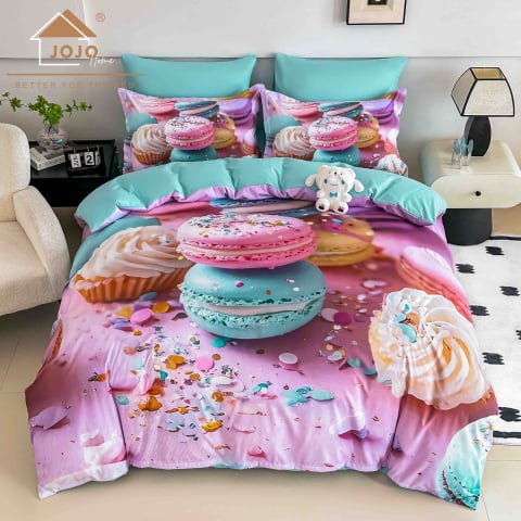 Lenjerii de pat turcoaz - Lenjerie de pat cu elastic,pat dublu,bumbac finet,6 piese, imprimeu 5D imprimeu macarons și prăjituri colorate-A1237