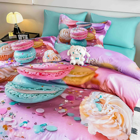 Lenjerie de pat cu elastic,pat dublu,bumbac finet,6 piese, imprimeu 5D imprimeu macarons și prăjituri colorate-A1237 [2]