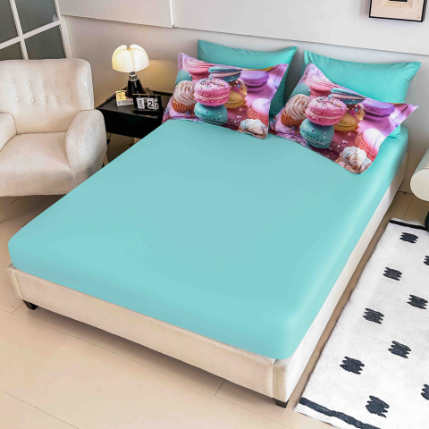 Lenjerie de pat cu elastic,pat dublu,bumbac finet,6 piese, imprimeu 5D imprimeu macarons și prăjituri colorate-A1237 [3]
