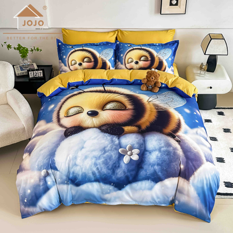 Lenjerii de pat - Lenjerie de pat cu elastic,pat dublu,bumbac finet,6 piese, imprimeu 5D imprimeu albina adormita-A1225