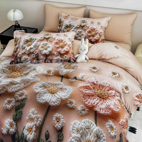 Lenjerie de pat cu elastic,pat dublu,bumbac finet,6 piese, imprimeu 5D imprimeu flori mari crem si roz somon-A1233 [2]