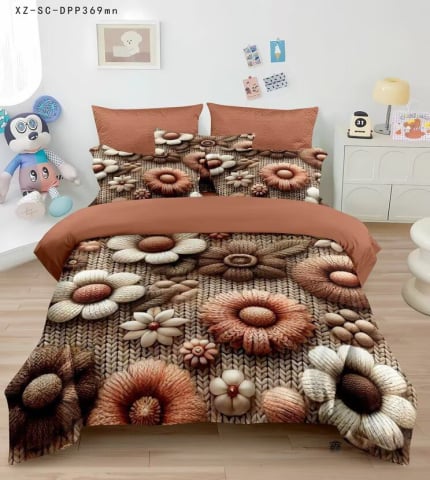 Lenjerii de pat - Lenjerie de pat 5D,pat dublu,bumbac finet,6 piese, imprimeu flori tricotate bej-maro-A1273