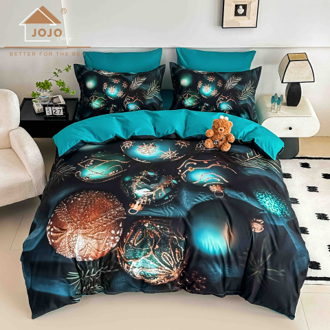 Lenjerii de pat turcoaz - Lenjerie pat de Craciun cu elastic,pat dublu,bumbac finet,6 piese, imprimeu 5D globuri turcoaz si aurii-A1240