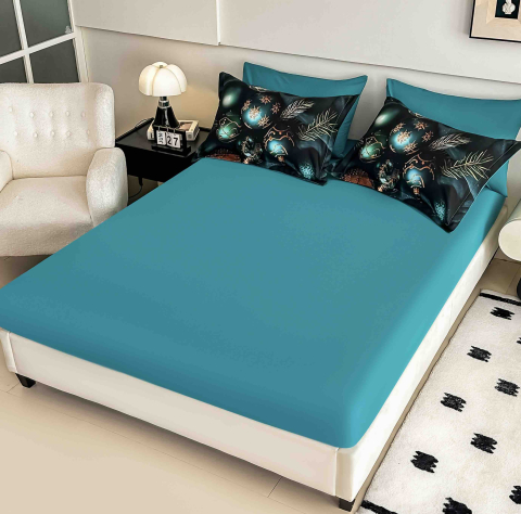 Lenjerie pat de Craciun cu elastic,pat dublu,bumbac finet,6 piese, imprimeu 5D globuri turcoaz si aurii-A1240 [3]