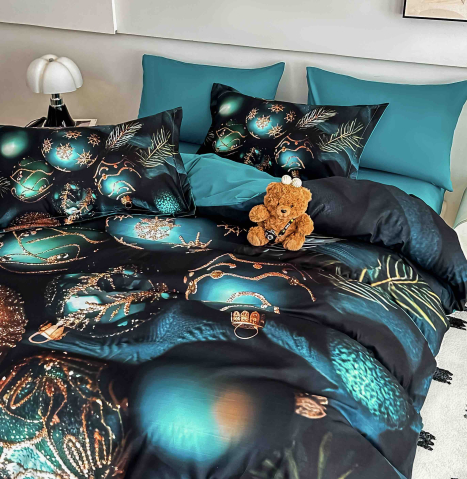 Lenjerie pat de Craciun cu elastic,pat dublu,bumbac finet,6 piese, imprimeu 5D globuri turcoaz si aurii-A1240 [2]