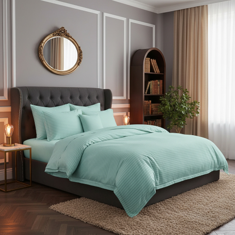 Lenjerii de pat verzi - Lenjerie de pat damasc satinat Ralex Pucioasa Horeca Gros, 100% bumbac, fir mercerizat, verde mint, model cu dungi discrete, King size